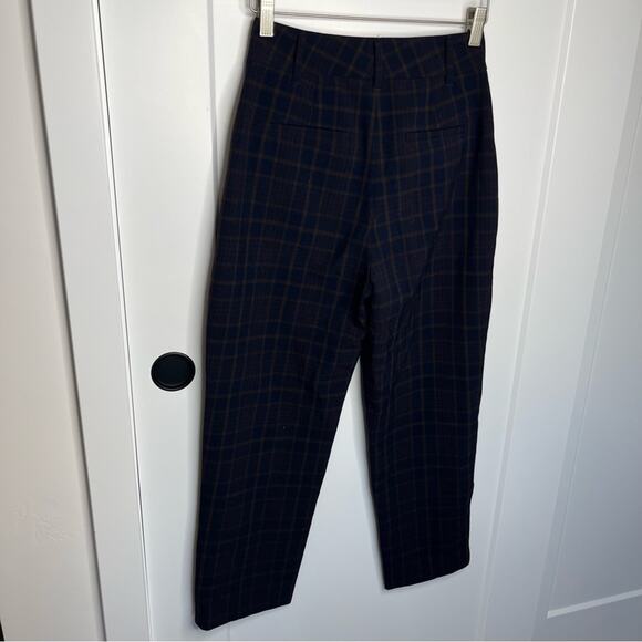 Aritzia Wilfred Navy Blue Plaid Pattern High Waisted Crop Trousers Pants Size 0 - Picture 6 of 6